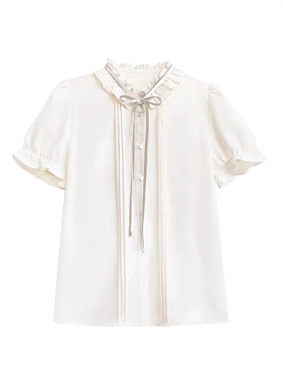 Stil Kleid Ärmel V-Ausschnitt Emblem Shirt Abzeichen Preppy Ribbon + Puff Rüsche