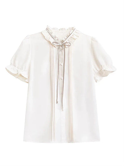 Stil Kleid Ärmel V-Ausschnitt Emblem Shirt Abzeichen Preppy Ribbon + Puff Rüsche