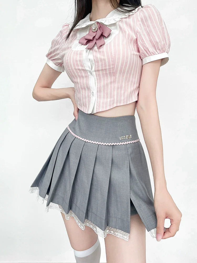 Gestreiftes Top mit Schleife und Puffärmeln, süß