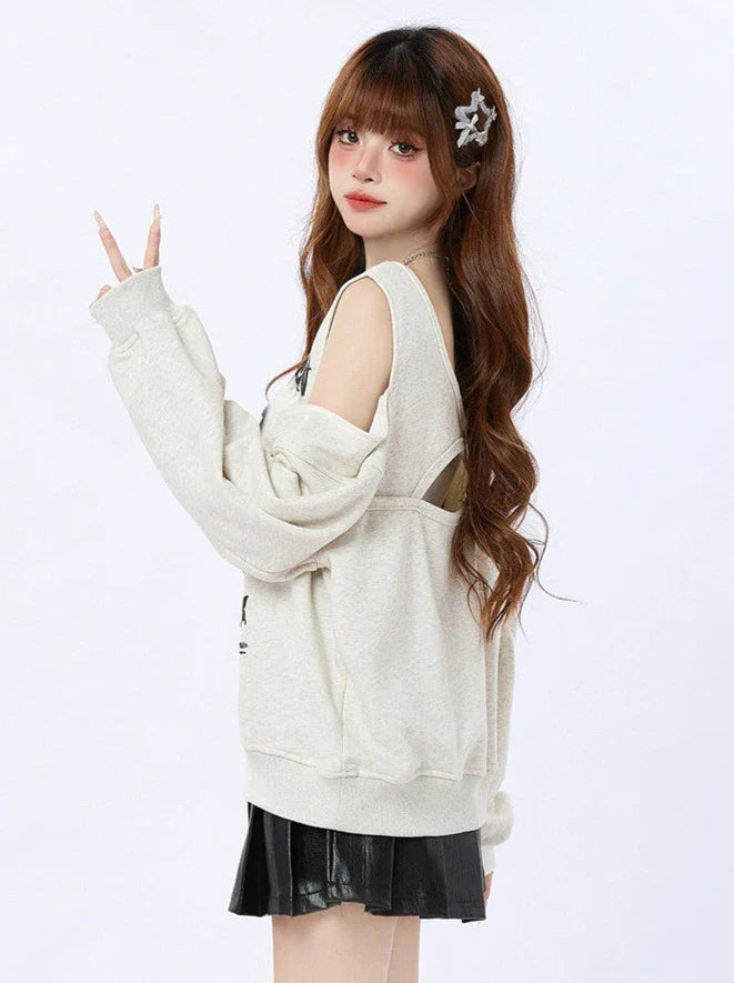 プリントバタフライオフショルダーレトロトレーナー