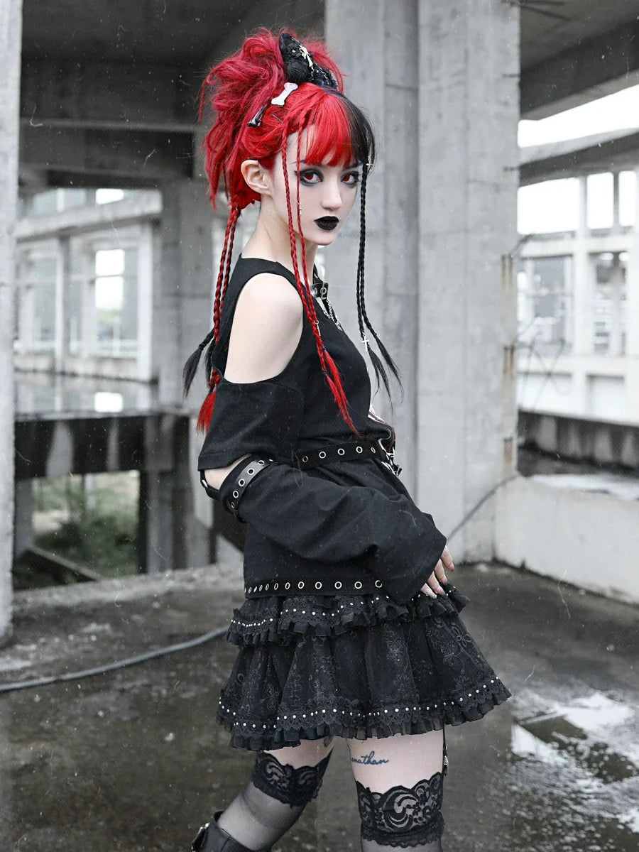 メタルバックルケーキレザーリベットレイヤーパンクスカート