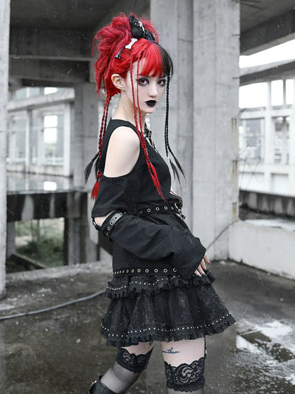 メタルバックルケーキレザーリベットレイヤーパンクスカート