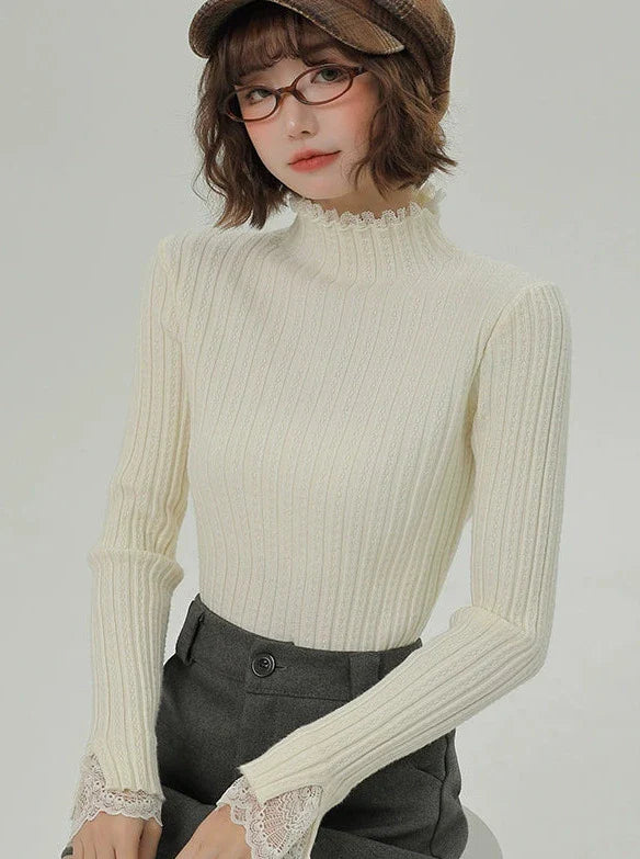 Knit Lace Turtleneck Half Splicing Top