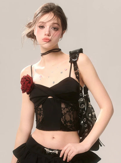 Rose French Short Top Spitze Schwarz Straps