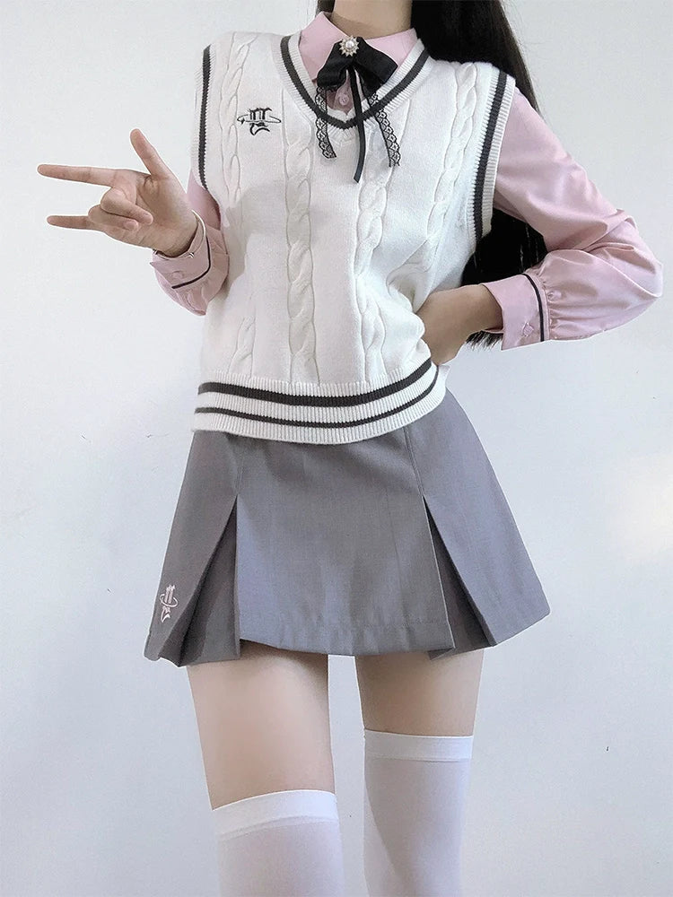 Jacket College Vest + Skirt Shirt Box + Slim Pleated Girl Sweet Ribbon Style
