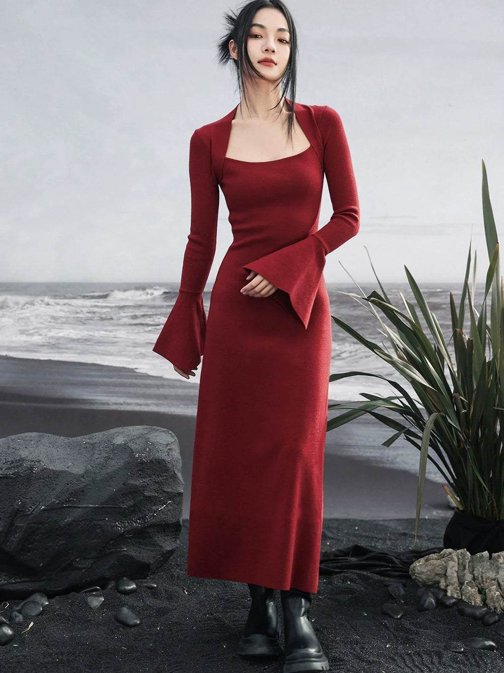 Retro Glockenkleid Dunkelrot