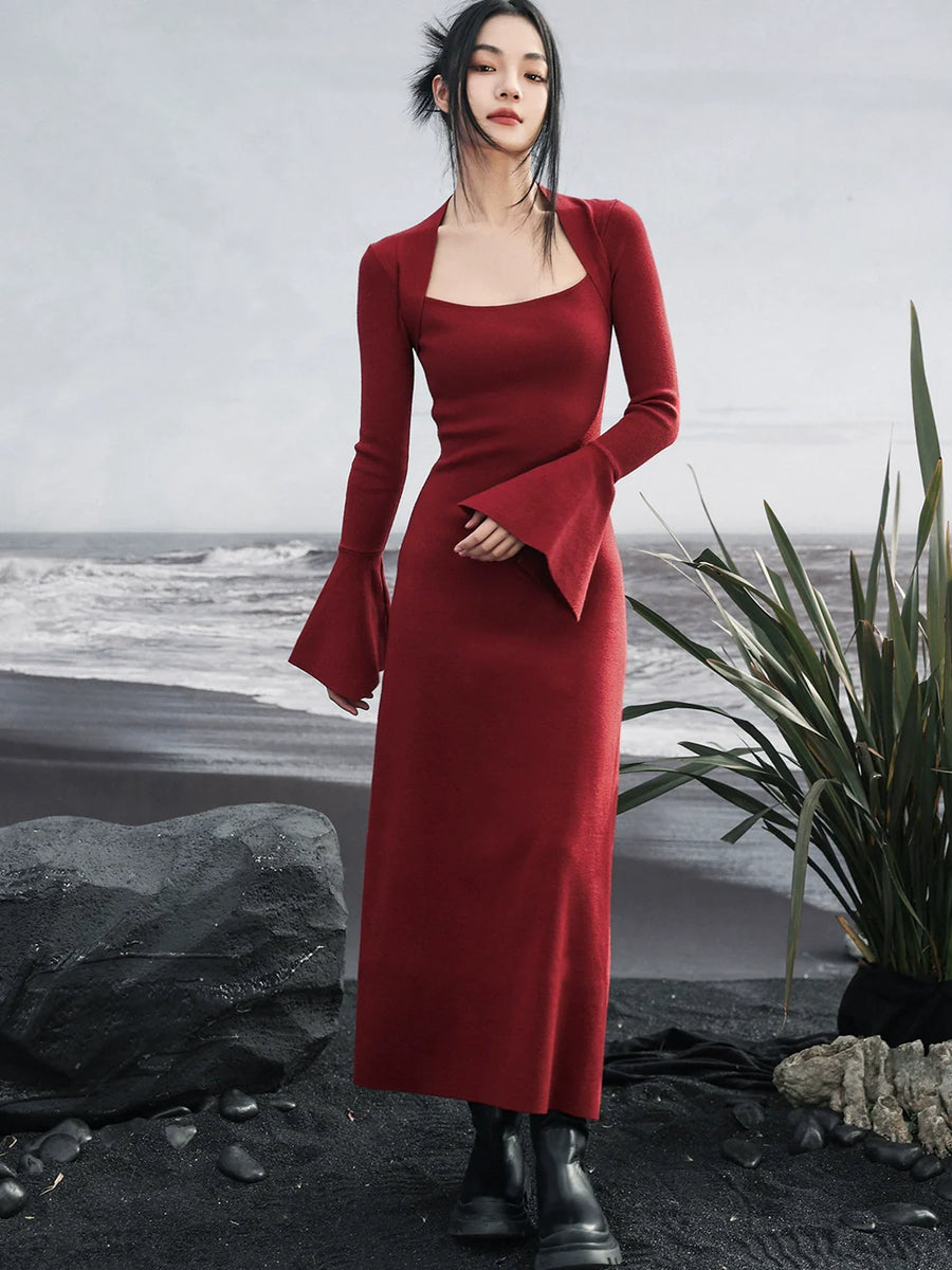 Robe cloche rétro à manches foncées rouge