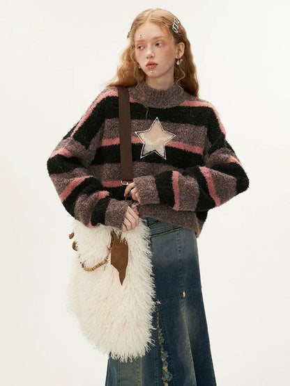 Star Center Neck High Knit Striped