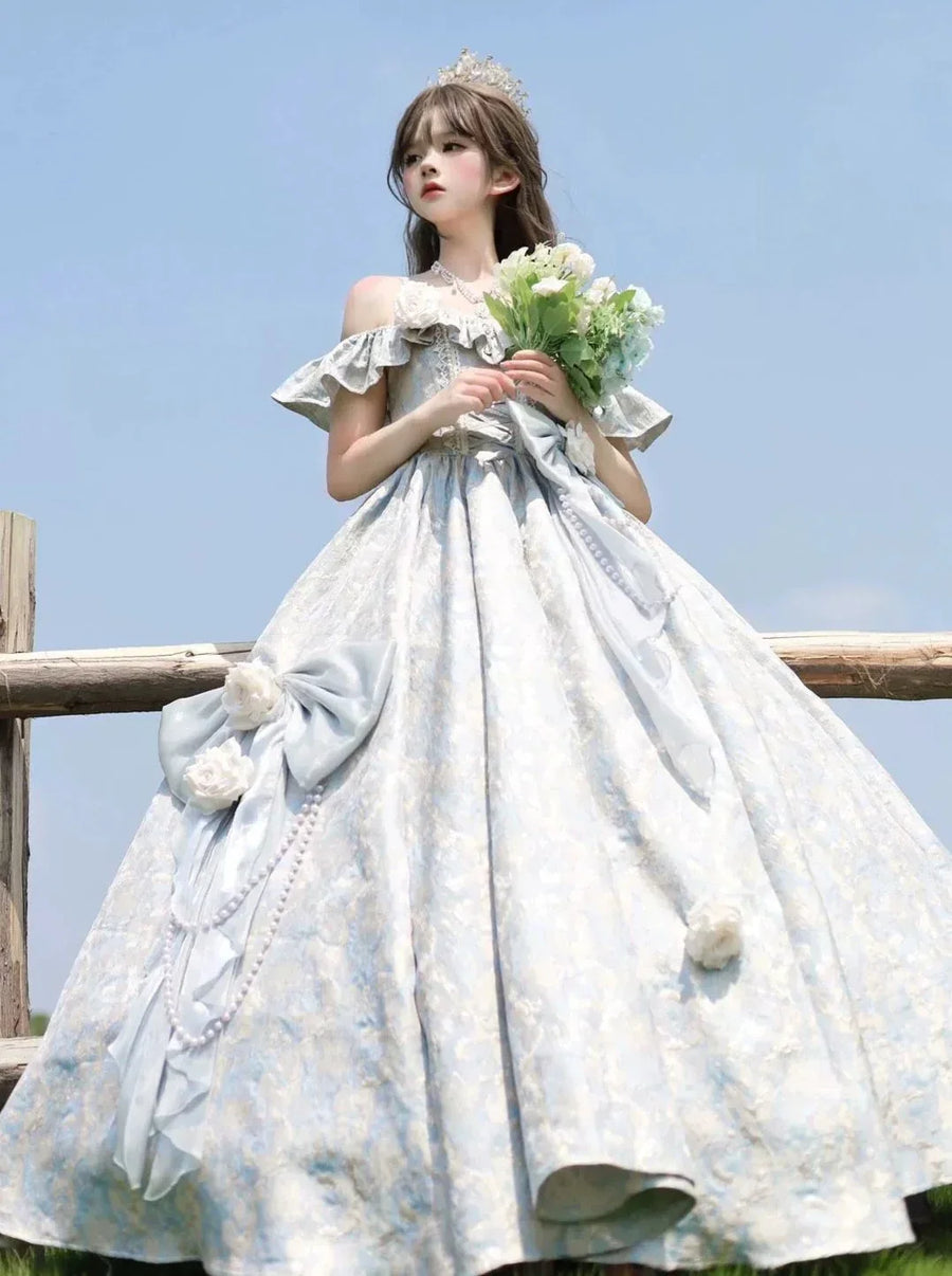 Robe de mariée bleue longue à fleurs style lolita