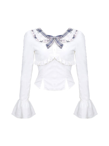 チェックニットカーディガンスカート グレーシャツ