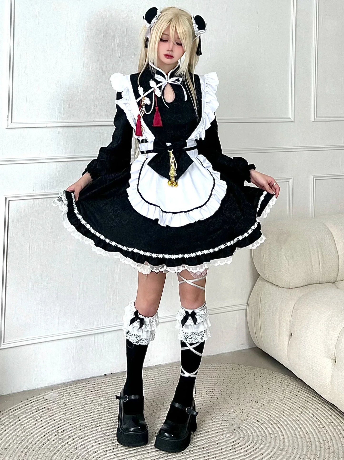 Maid China Black Ribbon Sleeve. Apron and Sleeve and Dress Long Short Set White