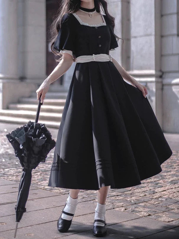 Black Necklace Pearl Dress Retro Ribbon Square French Ribbon Waist + Catsuit Black Collar