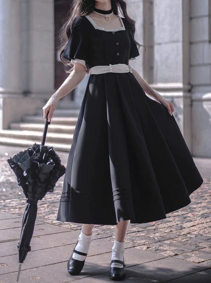 Black Necklace Pearl Dress Retro Ribbon Square French Ribbon Waist + Catsuit Black Collar