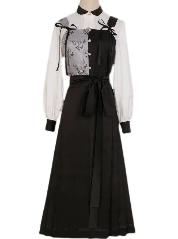 Suspenders Vest China + Blouse Flower Bi-color Asymmetrical Dark