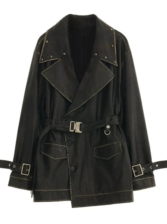 レザージャケット ストラップウエスト ポリッシュ ウィンドブレーカー