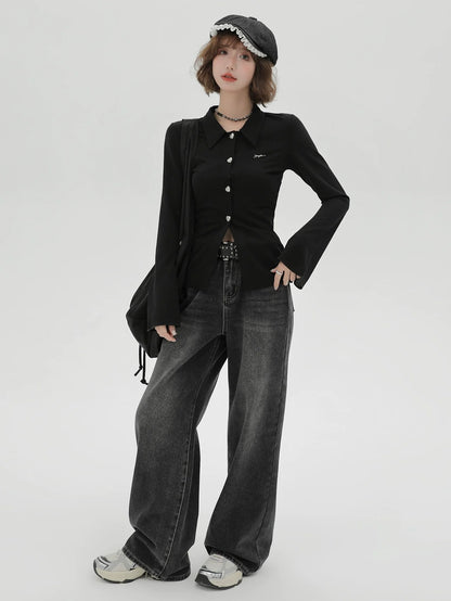 ニットベルブラックスリムポロカラーカーディガンスリーブレトロ