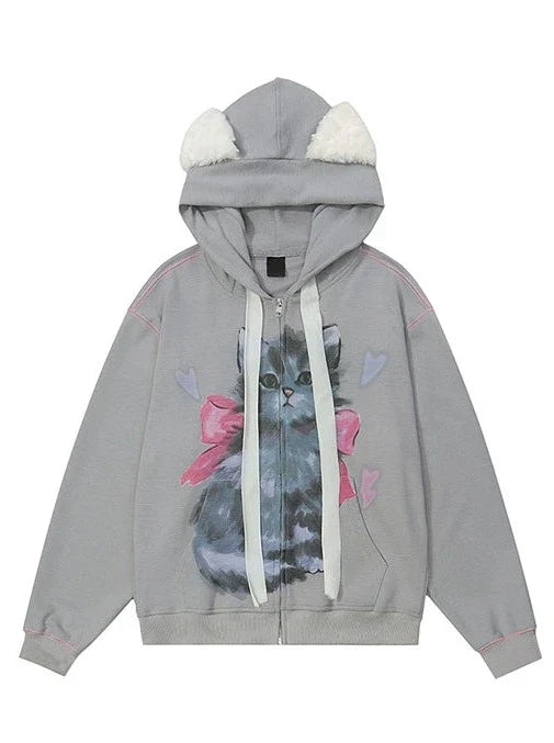 Zip-Up Hood Retro Ribbon Hoodie Ear Cat