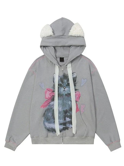 Zip-Up Hood Retro Ribbon Hoodie Ear Cat