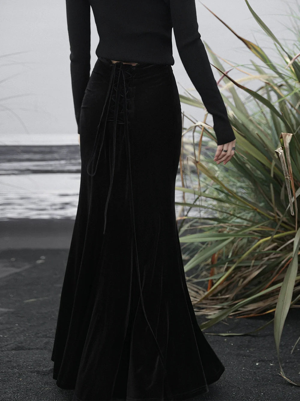 Hohe Meerjungfrau Samt Schwarz Taille Rock Retro Zurück Lange Up Spitze