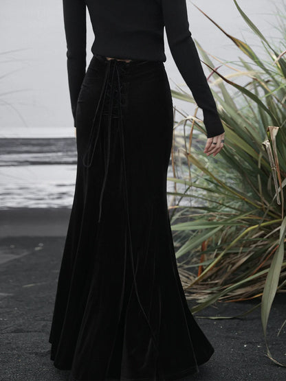 Hohe Meerjungfrau Samt Schwarz Taille Rock Retro Zurück Lange Up Spitze