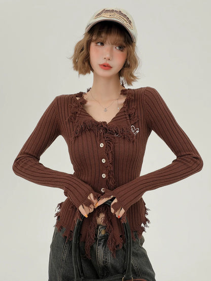 スリムアメリカンタッセルレトロカーディガンブレストシングル