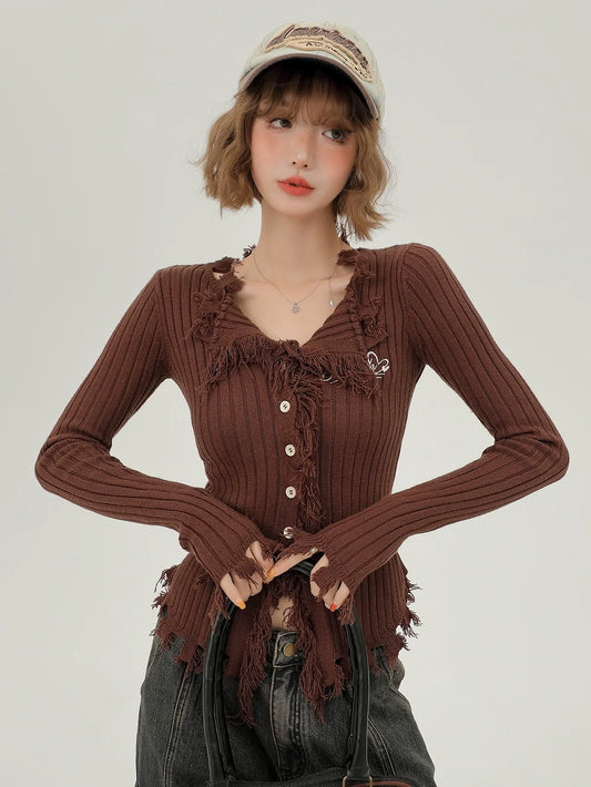 スリムアメリカンタッセルレトロカーディガンブレストシングル