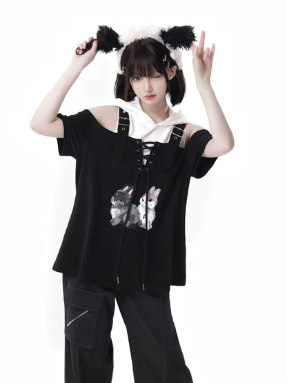 Summer Design Straps Pants Rabbit Off-Shoulder Black White Hoodie Tops Suit