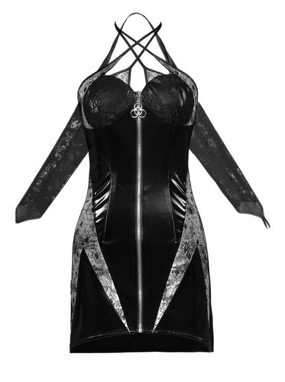 スーツホルターPUパンクスリムジップドレスサスペンダーネック