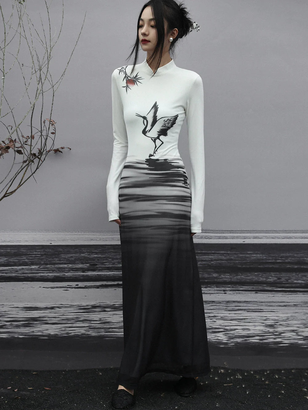 Langes Kleid Malerei Strick Slim China Print Tinte