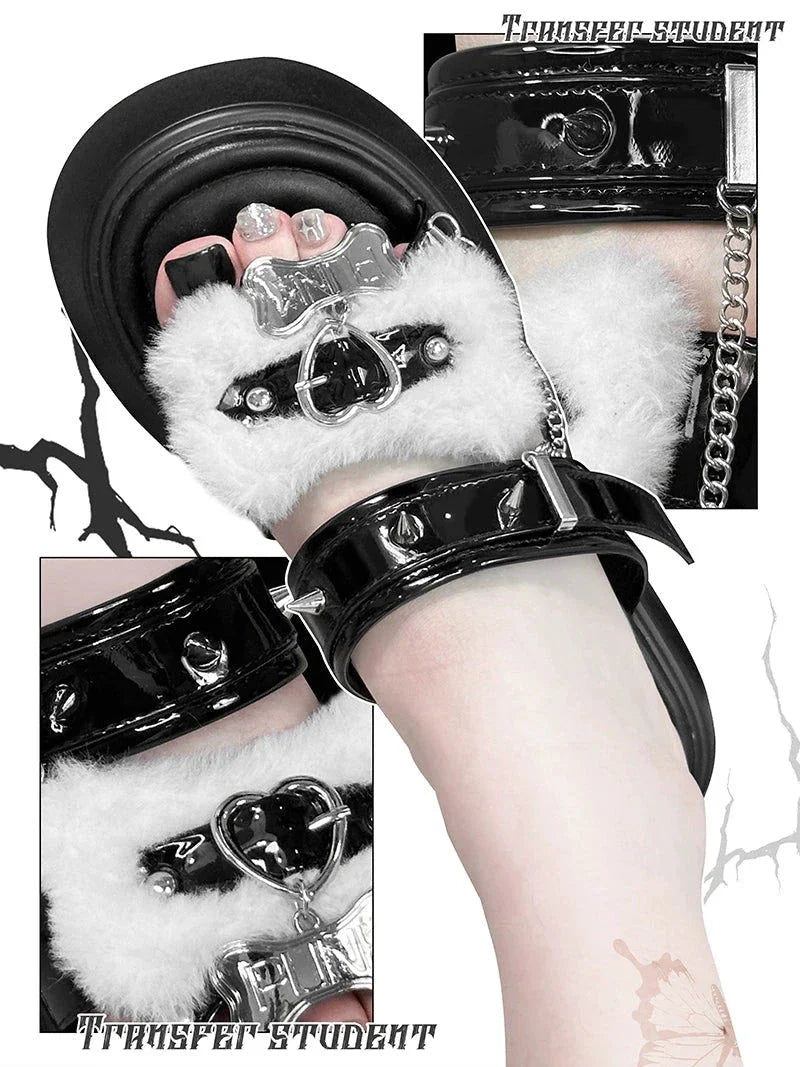Rivet Sandal Chain Flat Platform Punk Fur