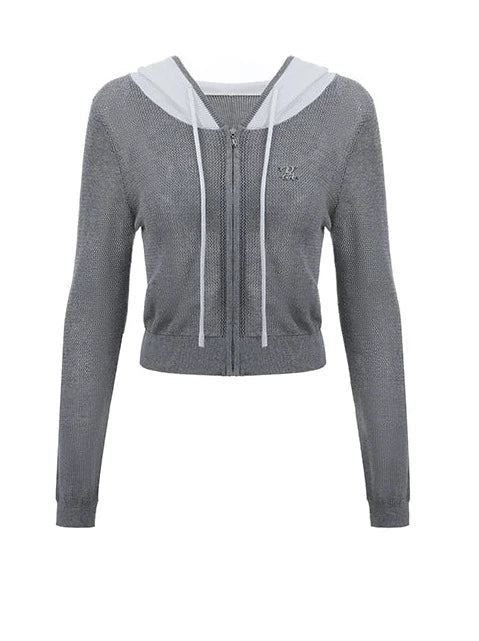 Kurzer/langer Hoodie aus transparentem Netzstrick mit Reißverschluss