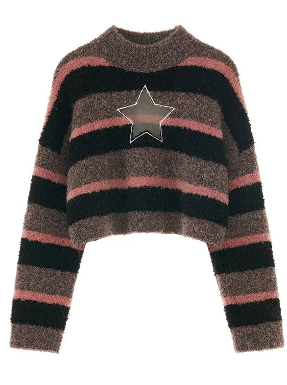 Star Center Neck High Knit Striped