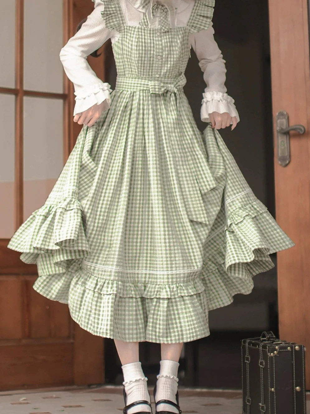 Collar Dress Shirt Ribbon Check + Set Ruffle French Shoulder Green Ruffle Forest