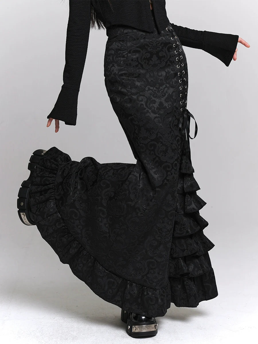 サイドフレアレースアップダークスカートウエストフリル