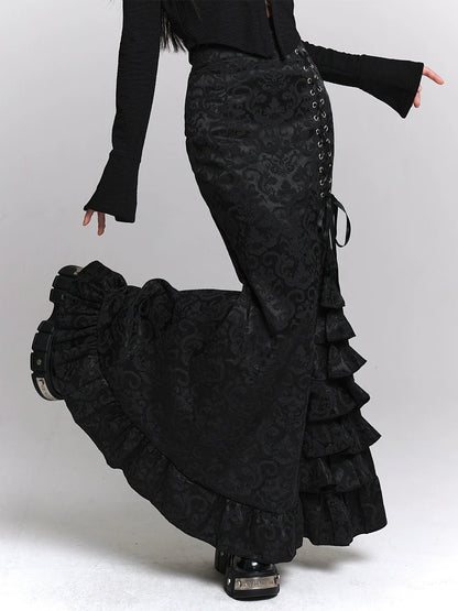 サイドフレアレースアップダークスカートウエストフリル