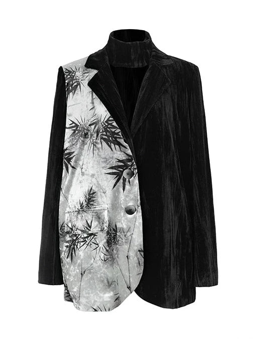 中国プリントジャケット コントラスト竹ベルベットカラースプライシング