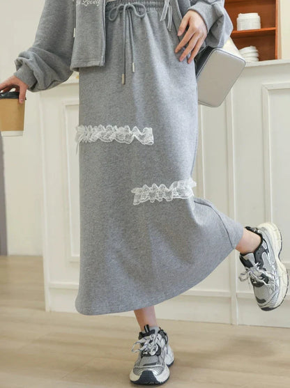 Long Gray Top Lace Hoodie Gray Embroidery Skirt