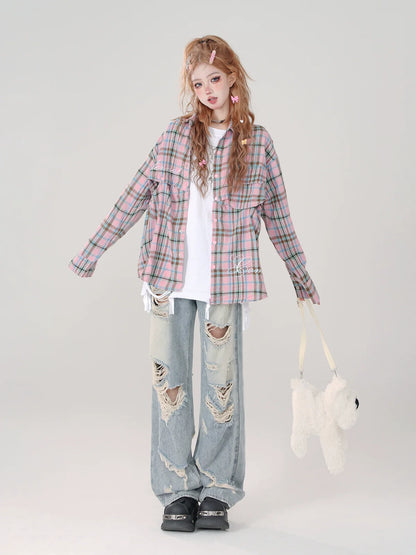 Poloshirt mit Karo-Kragen und langem, abnehmbarem, lockerem