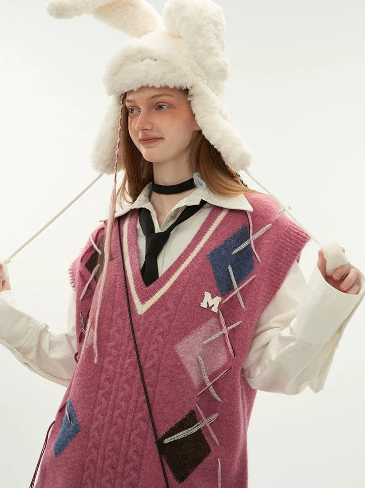 Vest Lace-up Argyle Over-Knit