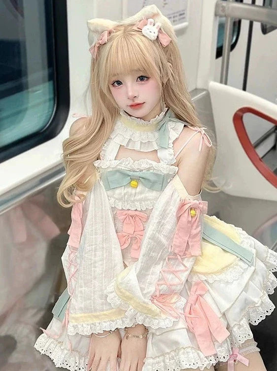 ガーリーなロリータスリーブドレススイートパステルカラー