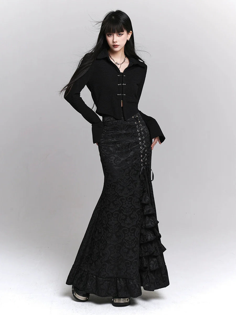 サイドフレアレースアップダークスカートウエストフリル