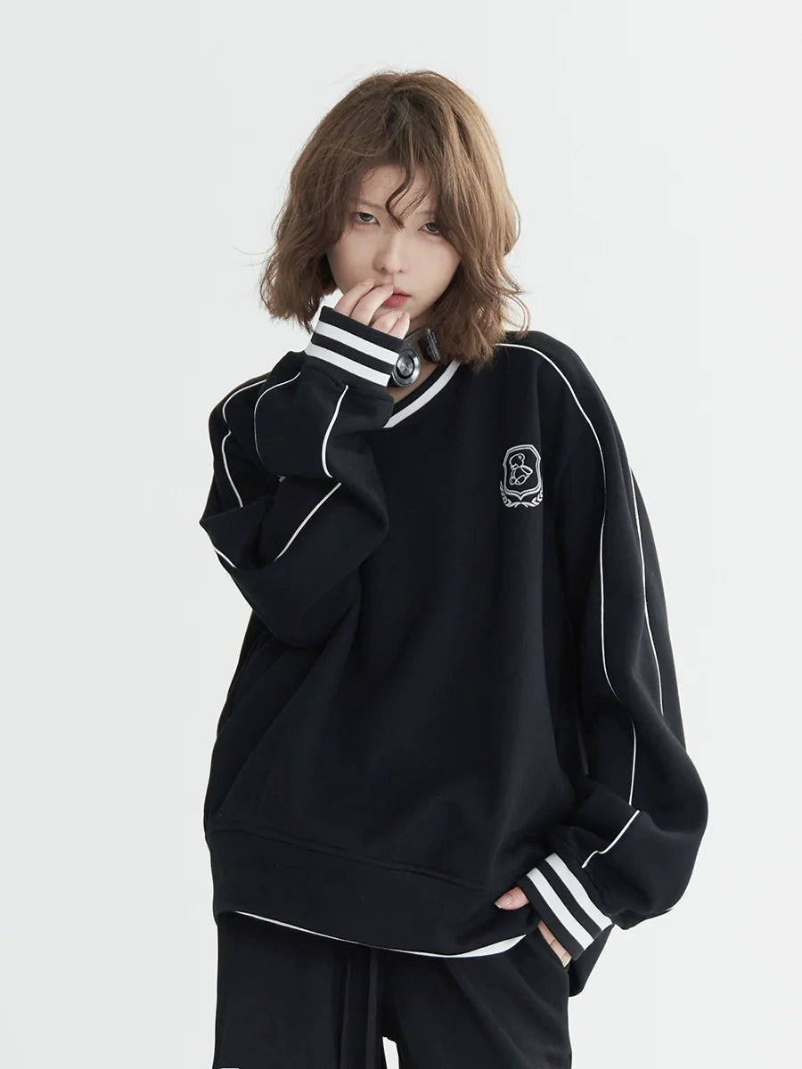 Vネック カジュアルトップス フロック加工 ルーズ スポーティ