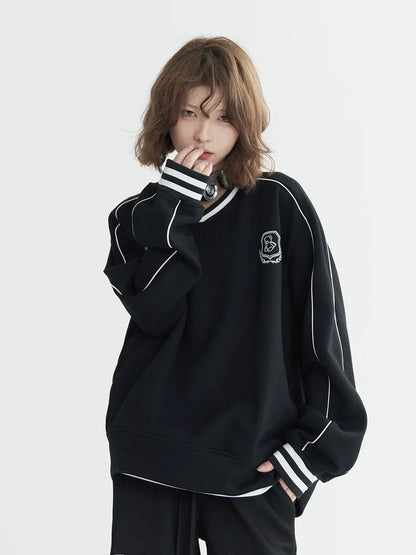 Vネック カジュアルトップス フロック加工 ルーズ スポーティ