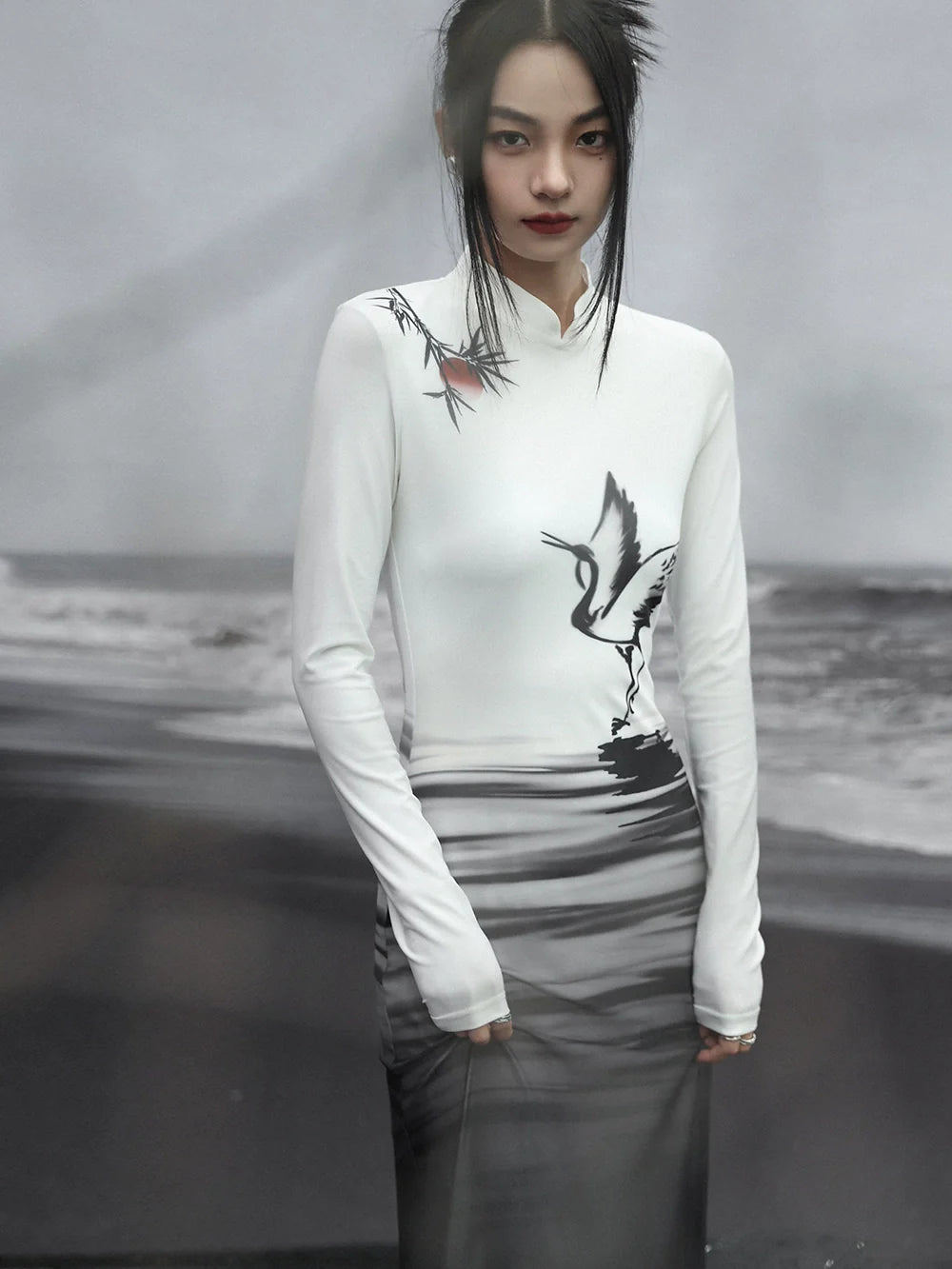 Langes Kleid Malerei Strick Slim China Print Tinte