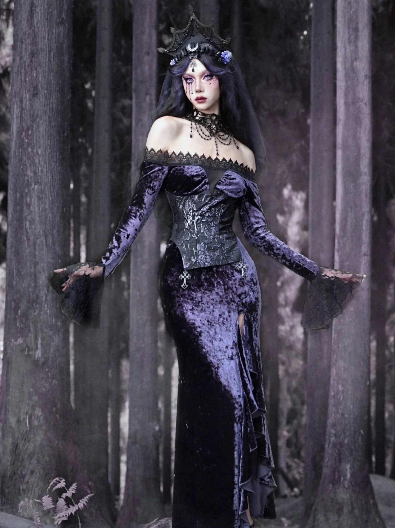 Meerjungfrauenkleid Schlitz One-Shoulder Slim Gothic Luna Velvet