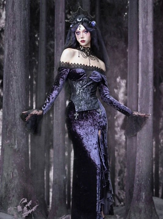 マーメイドドレス スリット ワンショルダー スリム ゴシック ルナ ベルベット