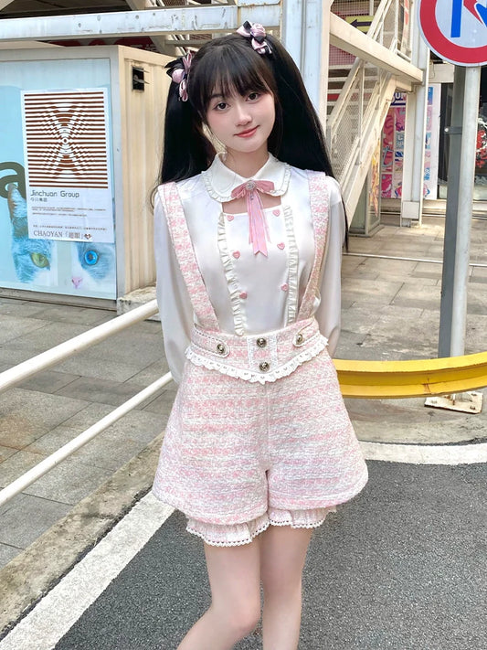 Girl Blouse Pants Pink Suspender Pure Tweed