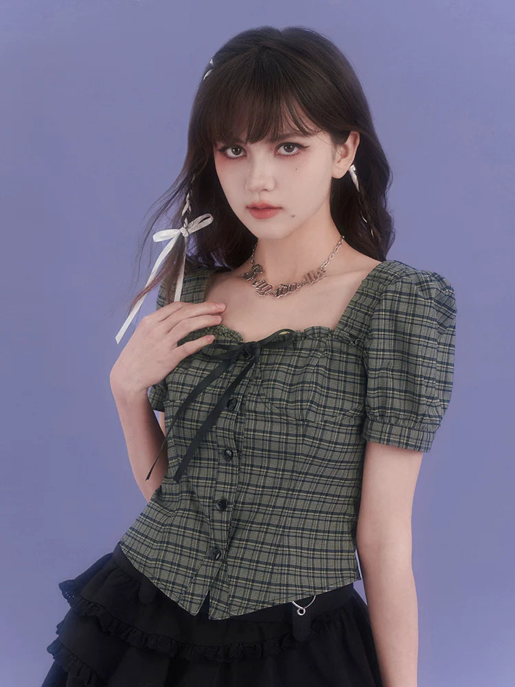 Check Girly Square Chic Neck Tops