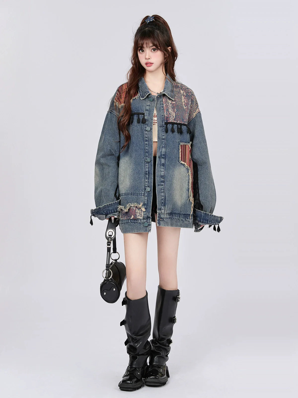 Jacket Retro Denim Ethnic Spliced