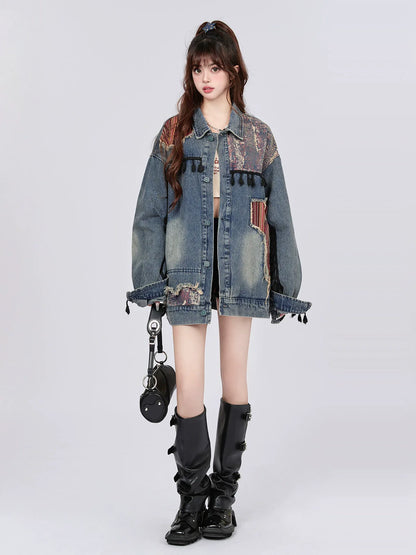 Jacket Retro Denim Ethnic Spliced